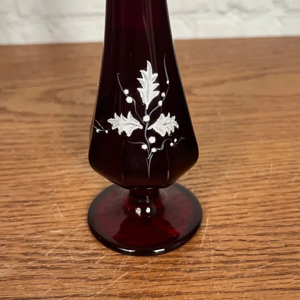 Vintage Fenton Ruby Red Holly Pedestal Vase - Signed and Stamped